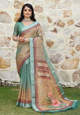 Green Printed Blended Cotton Saree Set