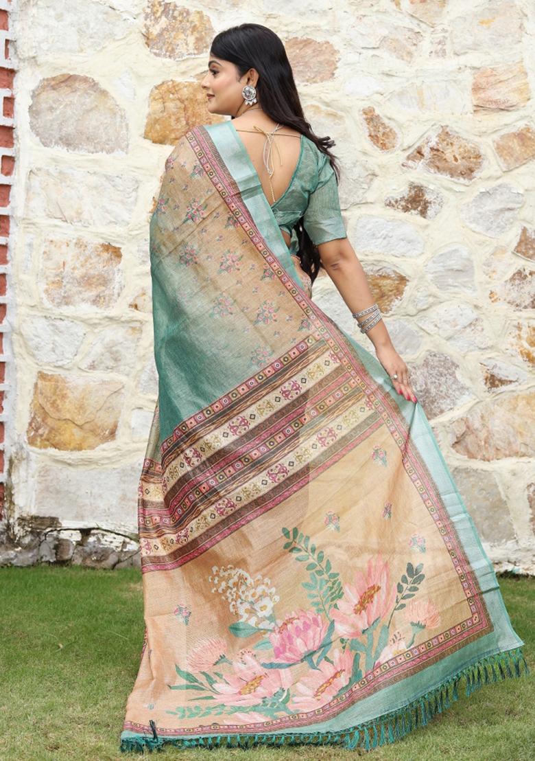 Green Printed Blended Cotton Saree Set - Indya
