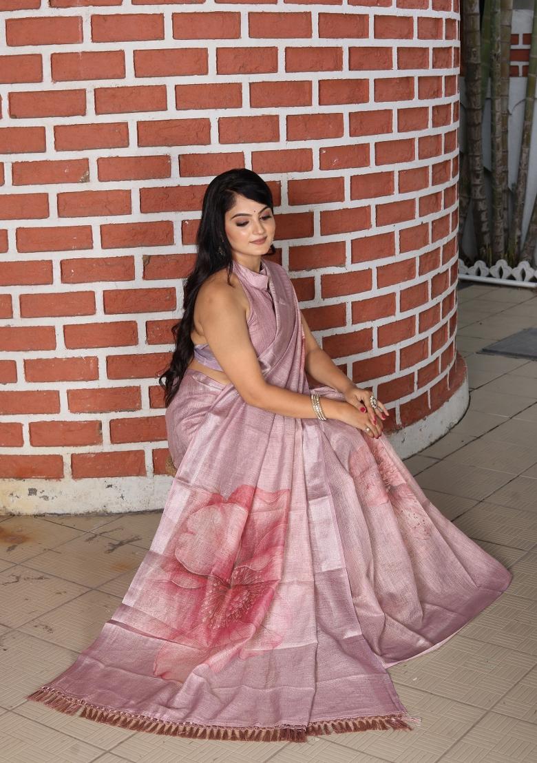 Lavender Printed Blended Cotton Saree Set - Indya