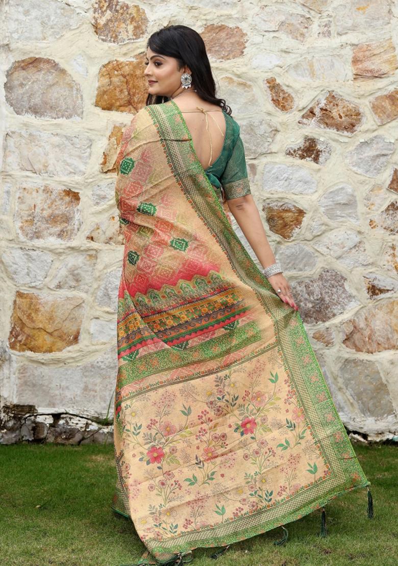 Peach Printed Blended Cotton Saree Set - Indya