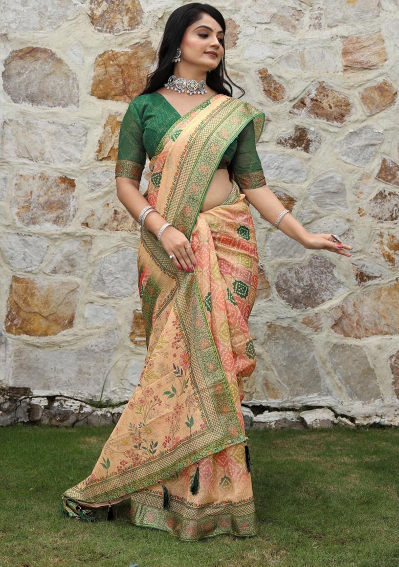 Peach Printed Blended Cotton Saree Set - Indya