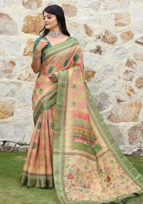 Peach Printed Blended Cotton Saree Set