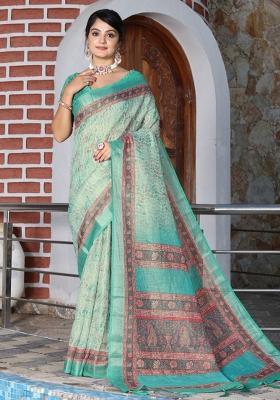 Sea Green Printed Blended Cotton Saree Set