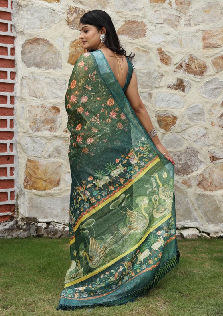 Green Printed Blended Cotton Saree Set - Indya