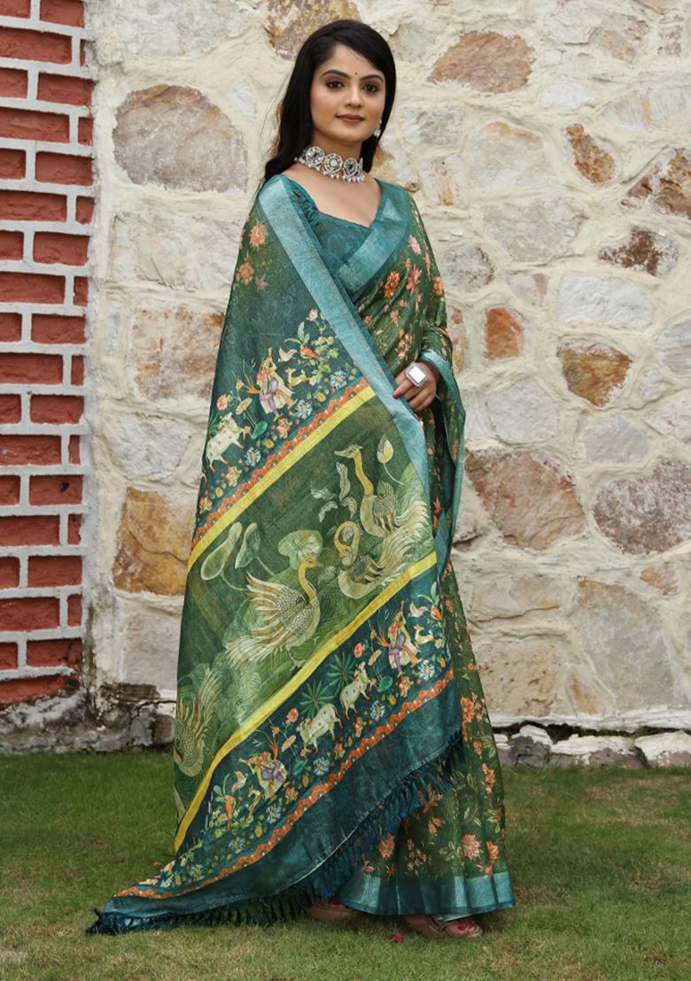 Green Printed Blended Cotton Saree Set - Indya