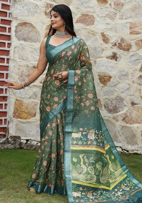 Green Printed Blended Cotton Saree Set