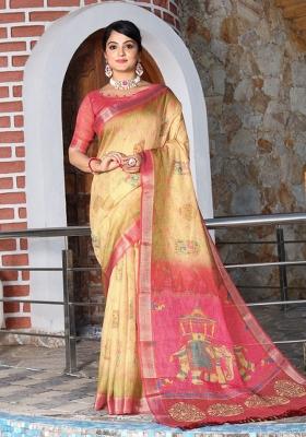Yellow Printed Blended Cotton Saree Set