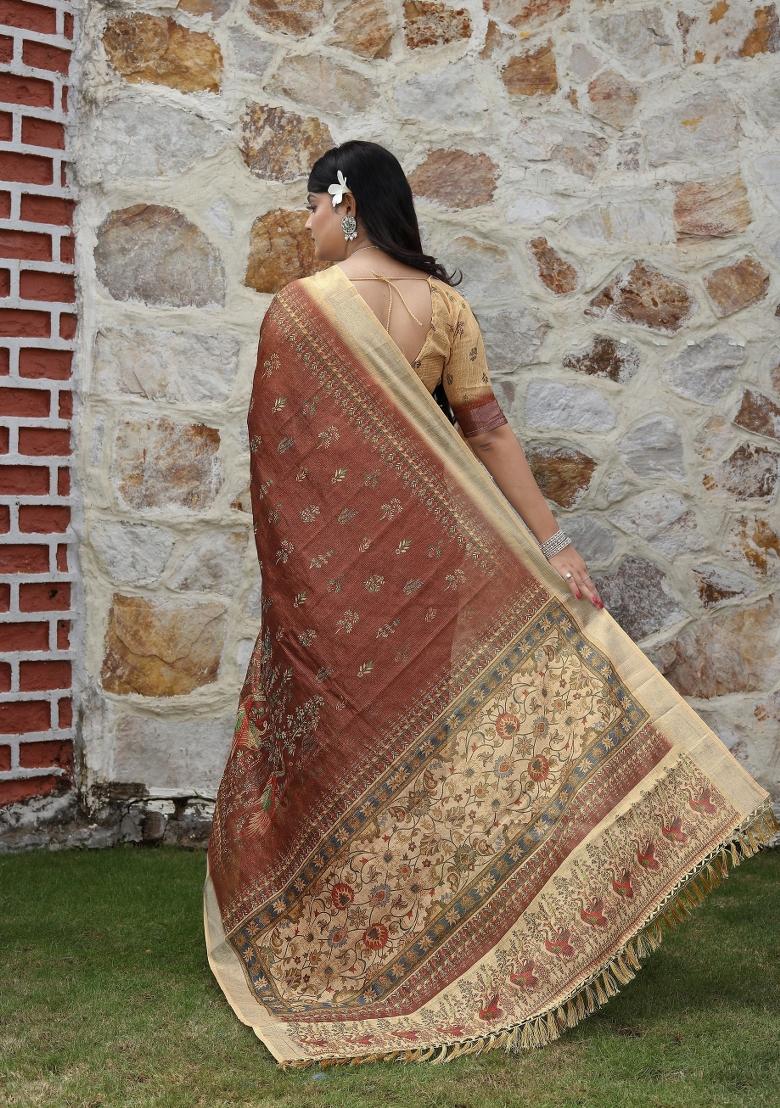 Brown Printed Blended Cotton Saree Set - Indya