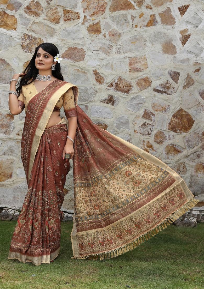 Brown Printed Blended Cotton Saree Set - Indya