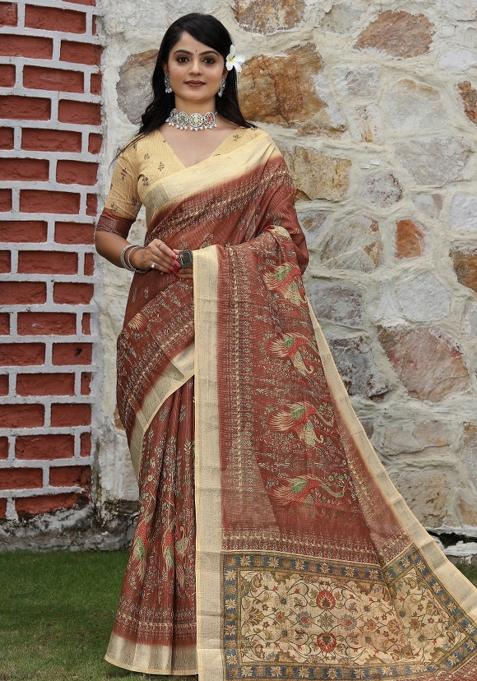 Brown Printed Blended Cotton Saree Set