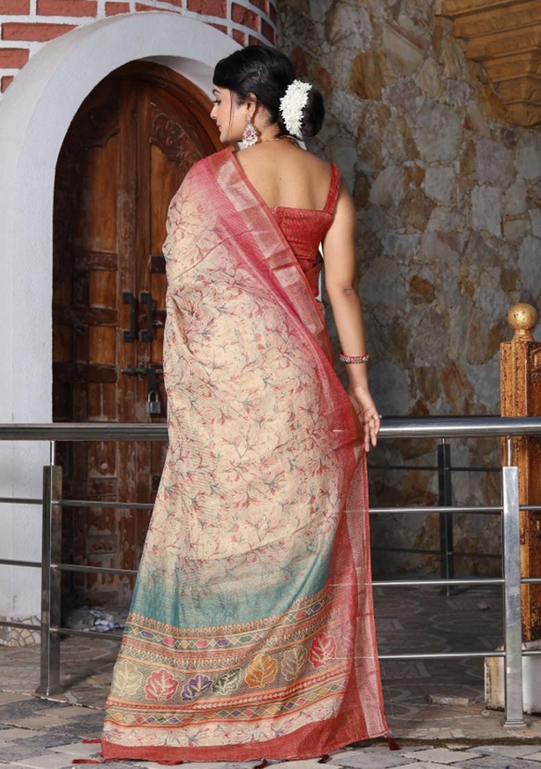 Off White Printed Blended Cotton Saree Set - Indya