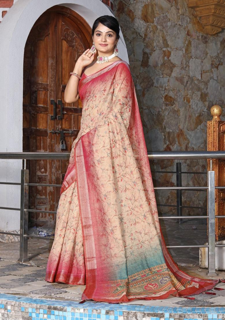 Off White Printed Blended Cotton Saree Set - Indya