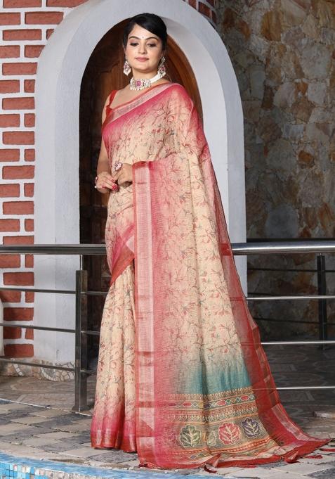 Off White Printed Blended Cotton Saree Set