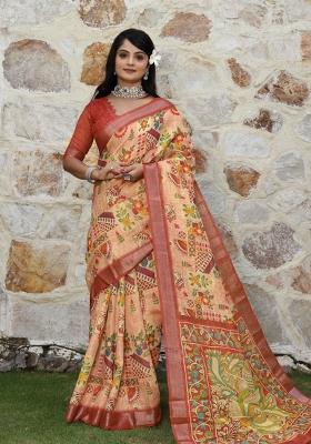 Peach Printed Blended Cotton Saree Set