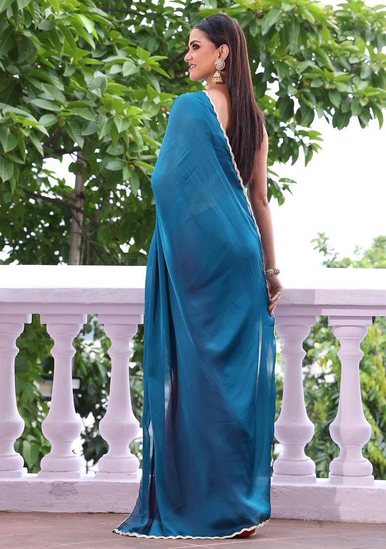 Teal Printed Chiffon Saree Set - Indya
