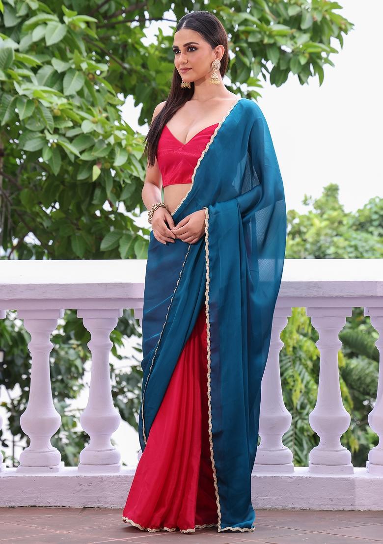 Teal Printed Chiffon Saree Set - Indya