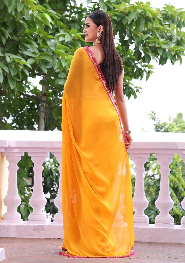 Yellow Printed Chiffon Saree Set - Indya