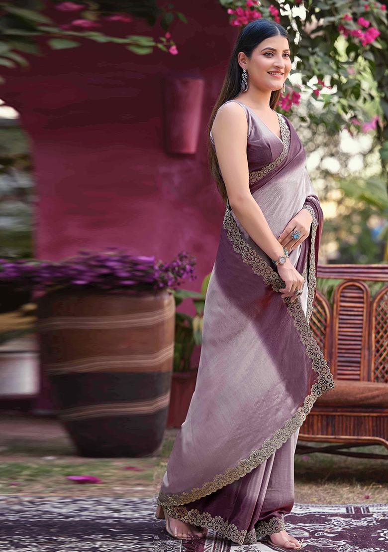 Mauve Jarkan Chiffon Saree Set - Indya