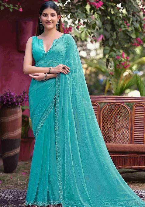 Sky Blue Jarkan Chiffon Saree Set