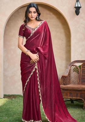 Maroon Jarkan Satin Saree Set