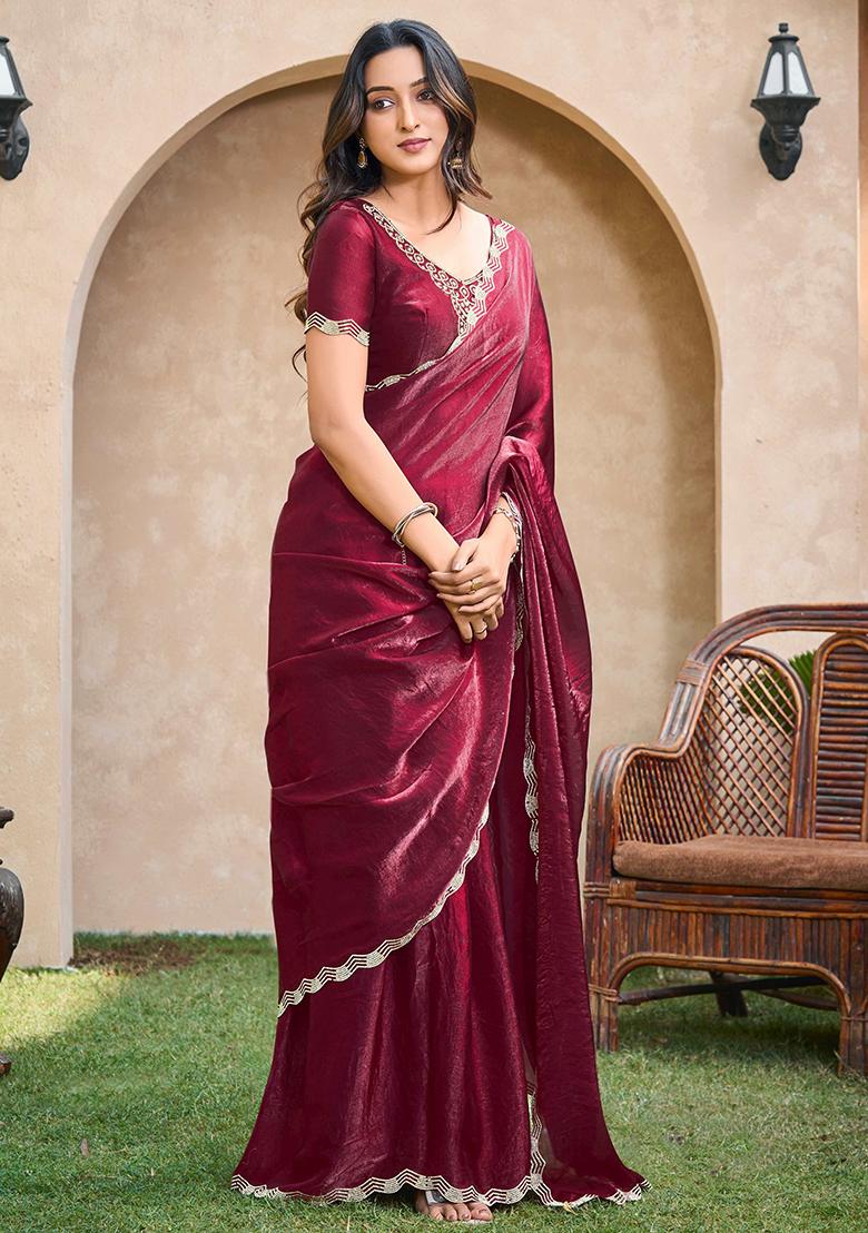 Maroon Jarkan Satin Saree Set - Indya