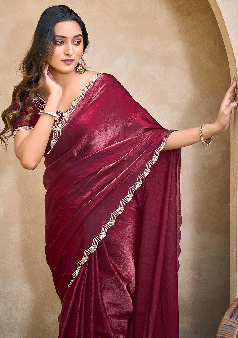 Maroon Jarkan Satin Saree Set - Indya