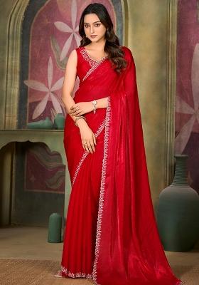 Red Jarkan Satin Saree Set