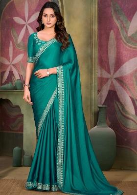 Turquoise  Jarkan Satin Chiffon Saree Set