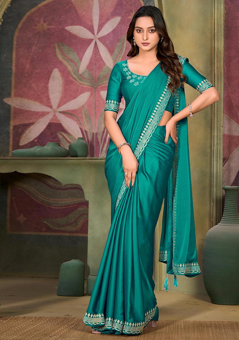 Turquoise  Jarkan Satin Chiffon Saree Set - Indya