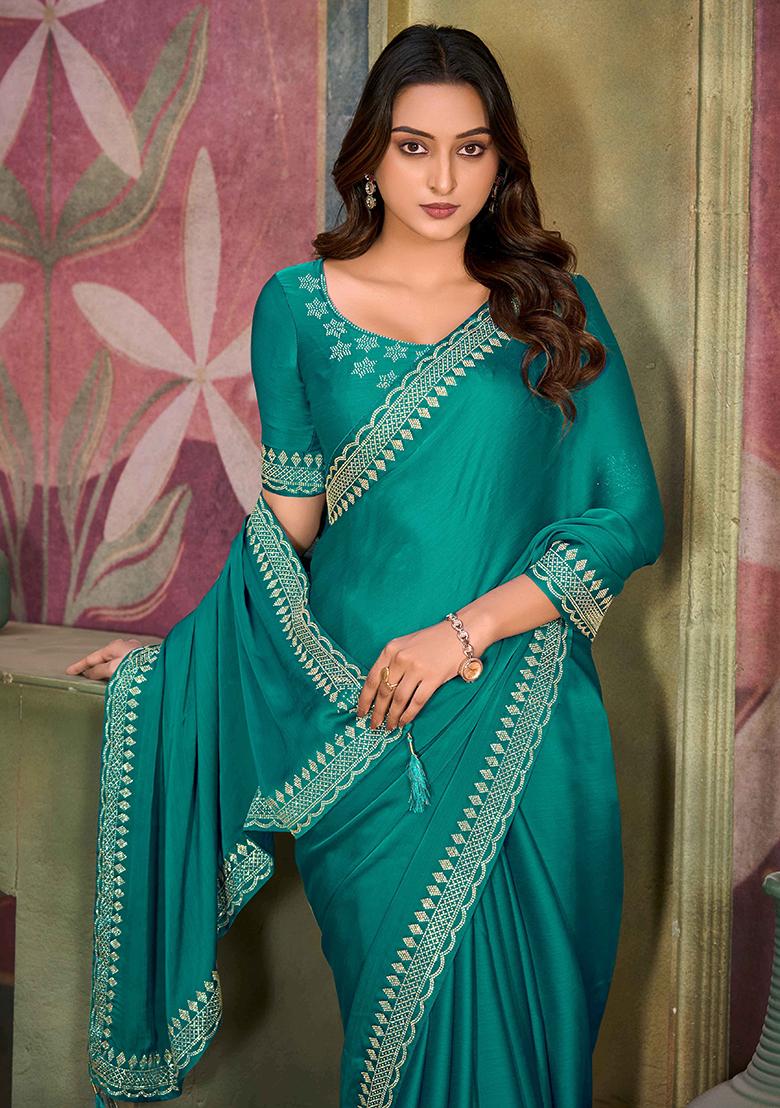 Turquoise  Jarkan Satin Chiffon Saree Set - Indya