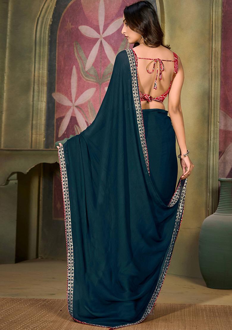 Teal Jarkan Satin Chiffon Saree Set - Indya