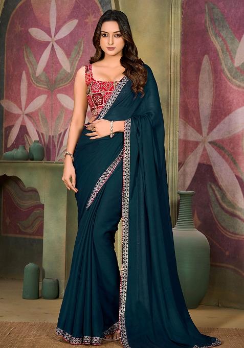 Teal Jarkan Satin Chiffon Saree Set
