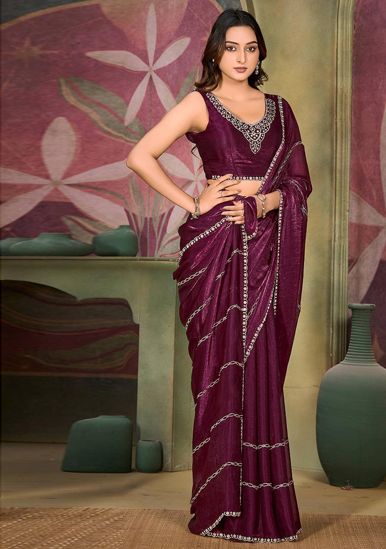 Purple Jarkan Chiffon Saree Set - Indya
