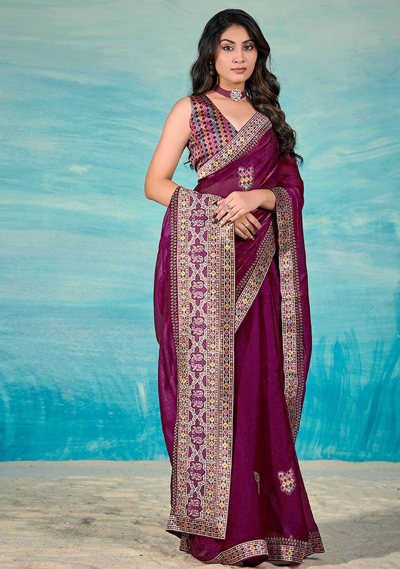 Purple Jarkan Chiffon Saree Set - Indya