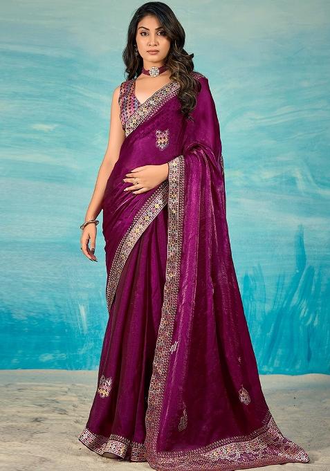 Purple Jarkan Chiffon Saree Set