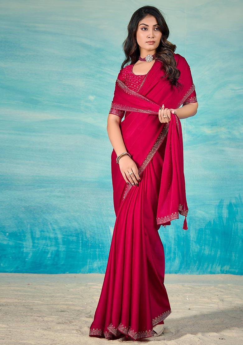Red Jarkan Satin Chiffon Saree Set - Indya
