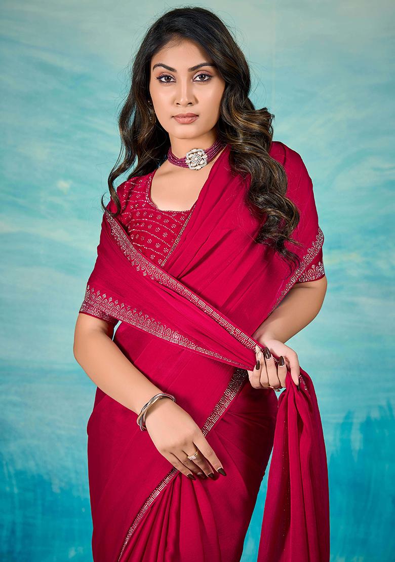 Red Jarkan Satin Chiffon Saree Set - Indya