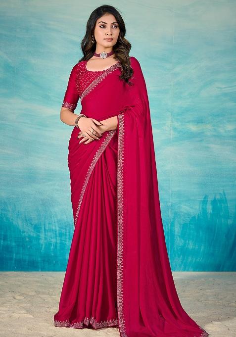 Red Jarkan Satin Chiffon Saree Set