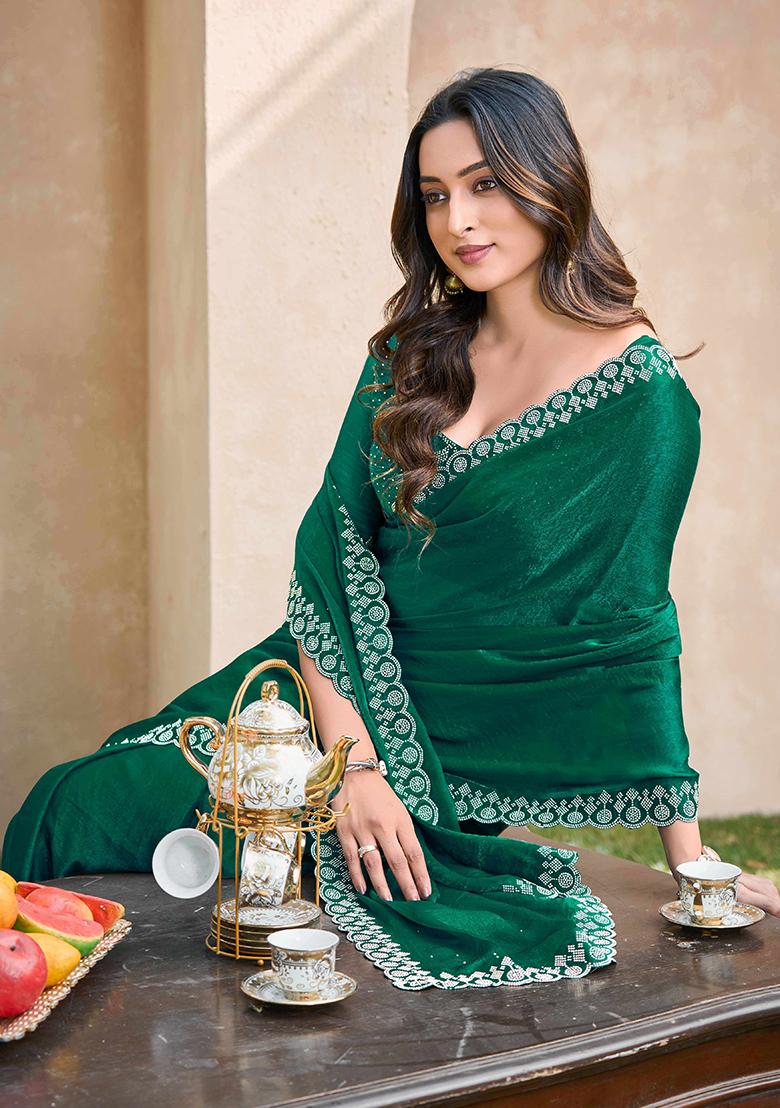 Green Jarkan Chiffon Saree Set - Indya
