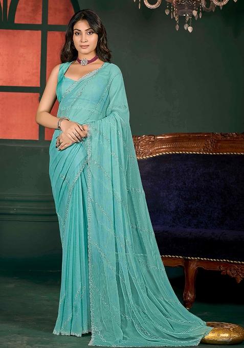 Sky Blue Jarkan Chiffon Saree Set