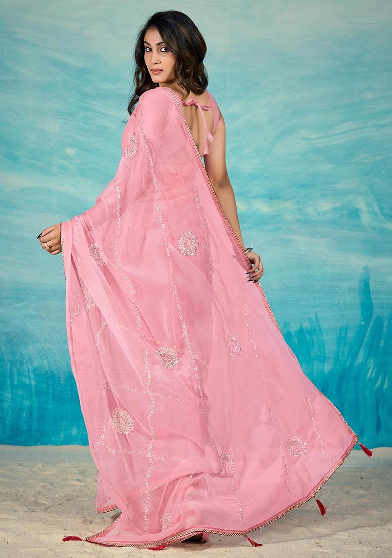 Pink Jarkan Chiffon Saree Set - Indya