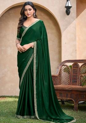Green Jarkan Satin Chiffon Saree Set