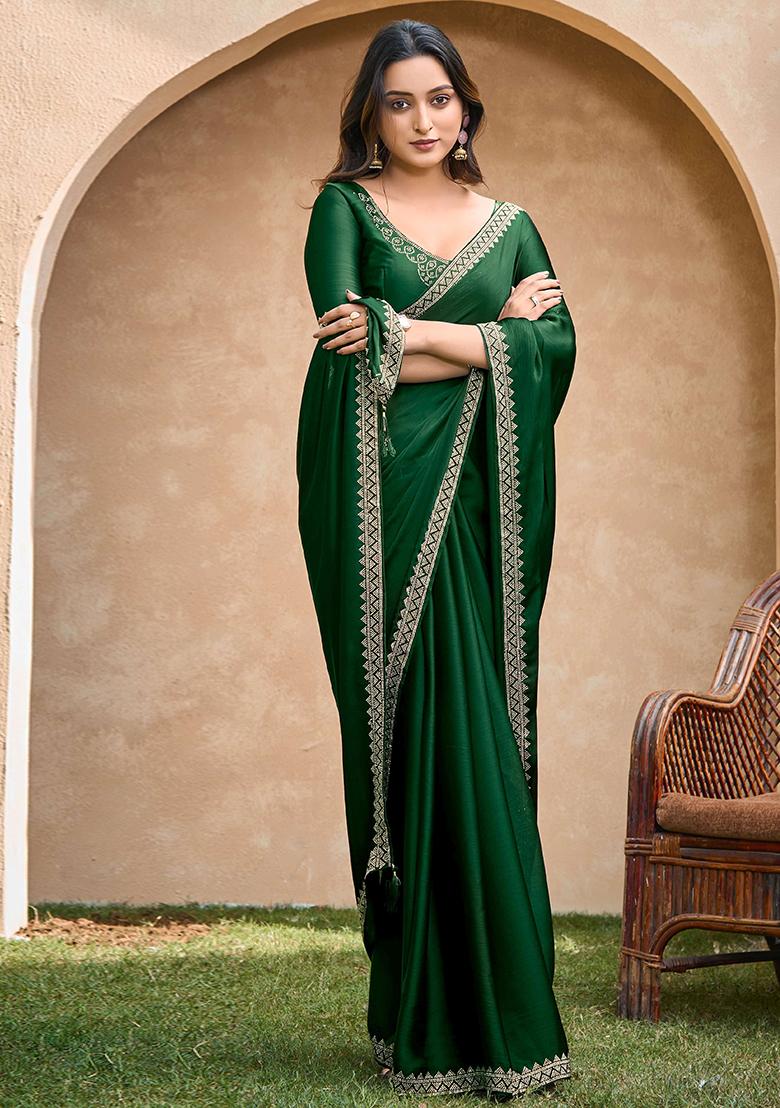 Green Jarkan Satin Chiffon Saree Set - Indya