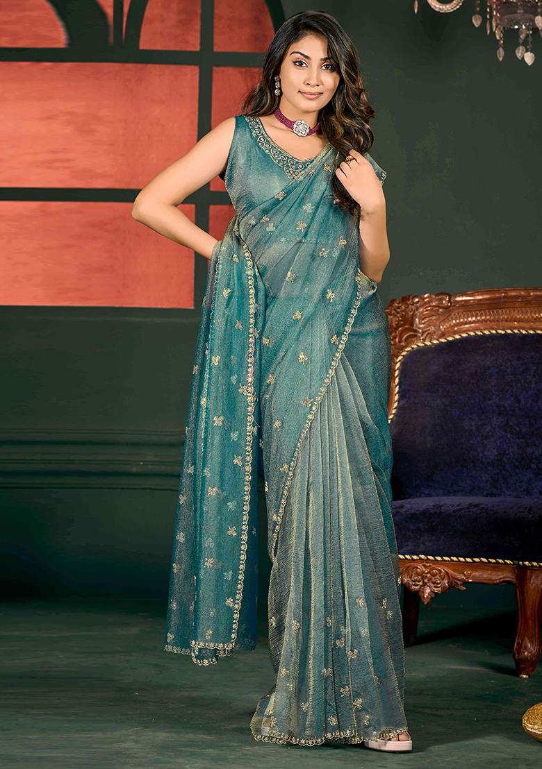 Sea Green Jarkan Satin Chiffon Saree Set - Indya
