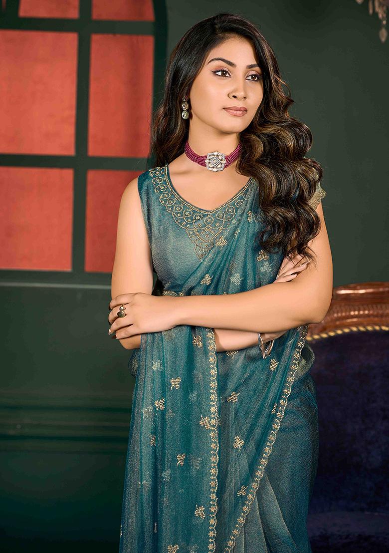 Sea Green Jarkan Satin Chiffon Saree Set - Indya