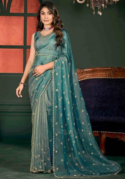 Sea Green Jarkan Satin Chiffon Saree Set