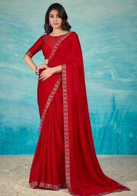 Red Jarkan Satin Chiffon Saree Set