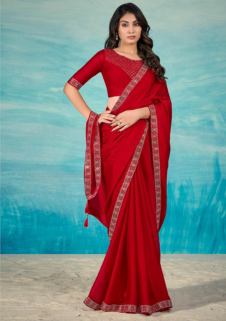 Red Jarkan Satin Chiffon Saree Set - Indya