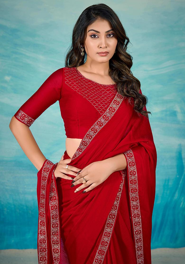 Red Jarkan Satin Chiffon Saree Set - Indya