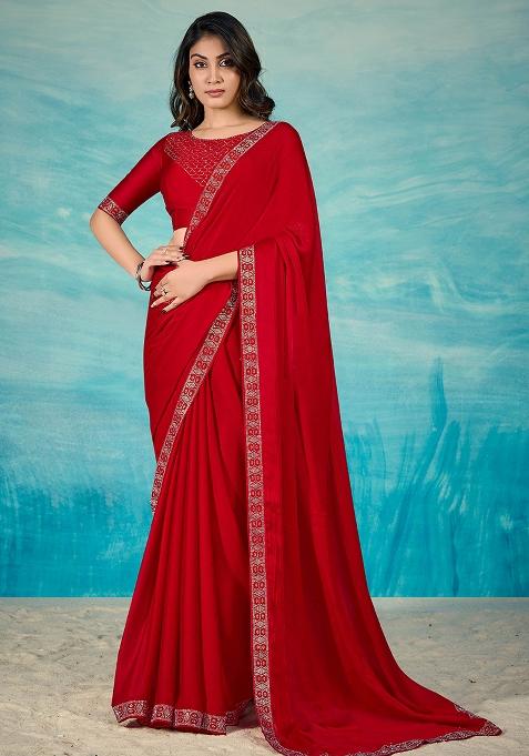 Red Jarkan Satin Chiffon Saree Set